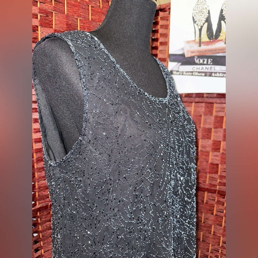 J Kara Vintage Elegant Black Beaded Chiffon jacket & Cami 2 Piece Top Size L - Picture 5 of 11